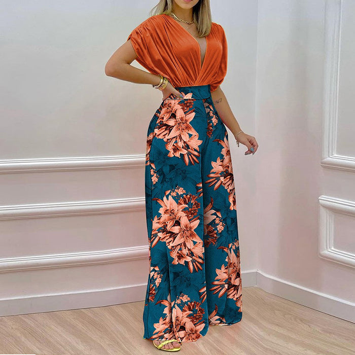 Color-Orange and Blue Pants-Women Clothing Summer Elegant V neck Printed Wide Leg Pants Casual Set-Fancey Boutique