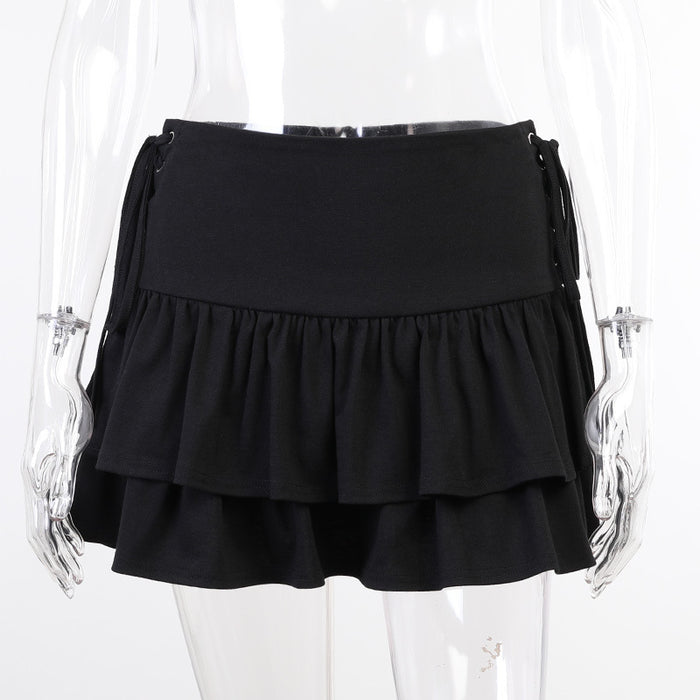 Color-Black-Double Layer Skirt Lace up Waist Skirt Spring Black Sexy Shrink Skirt-Fancey Boutique