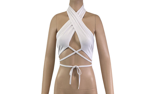 Color-White-Summer Tight Refreshing Binding Lace up Sexy Bandeau Halter Criss Cross Top-Fancey Boutique