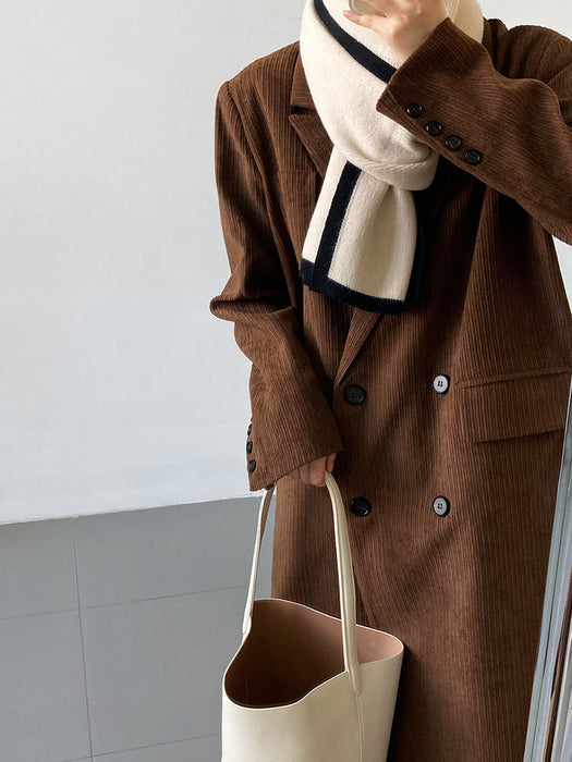 Color-Coffee-Corduroy Blazer Women Mid Length over the Knee Spring Autumn British High Sense Woolen Coat-Fancey Boutique