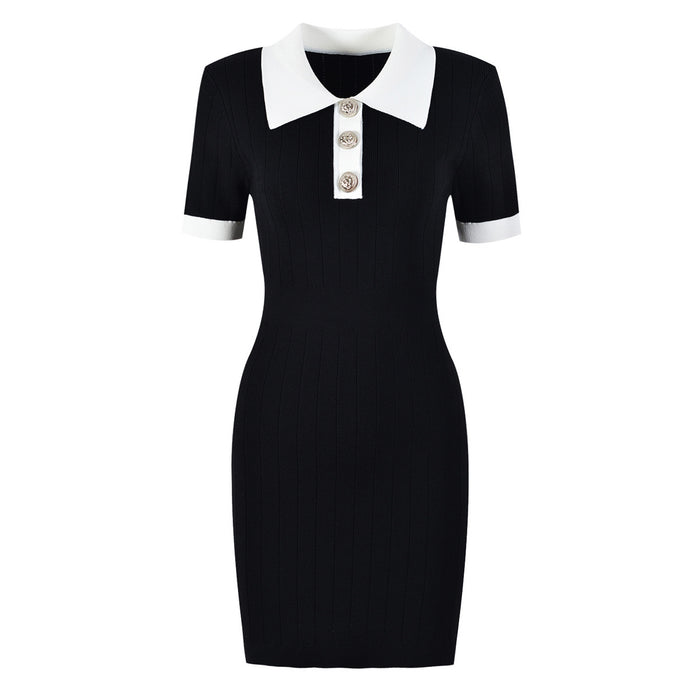 Color-Black-High Quality Knitted Material Collared Slim Slimming Short Sleeve Dress-Fancey Boutique
