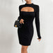 Color-Black-Women Clothing Autumn Winter Slim Fit Hip Knitwear Long Sleeve Mini Dress Sexy Cutout Dress-Fancey Boutique