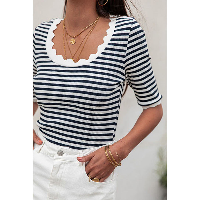 Summer Office Striped Short Sleeved T-shirt Women Wave round Neck Slim Pullover-Fancey Boutique