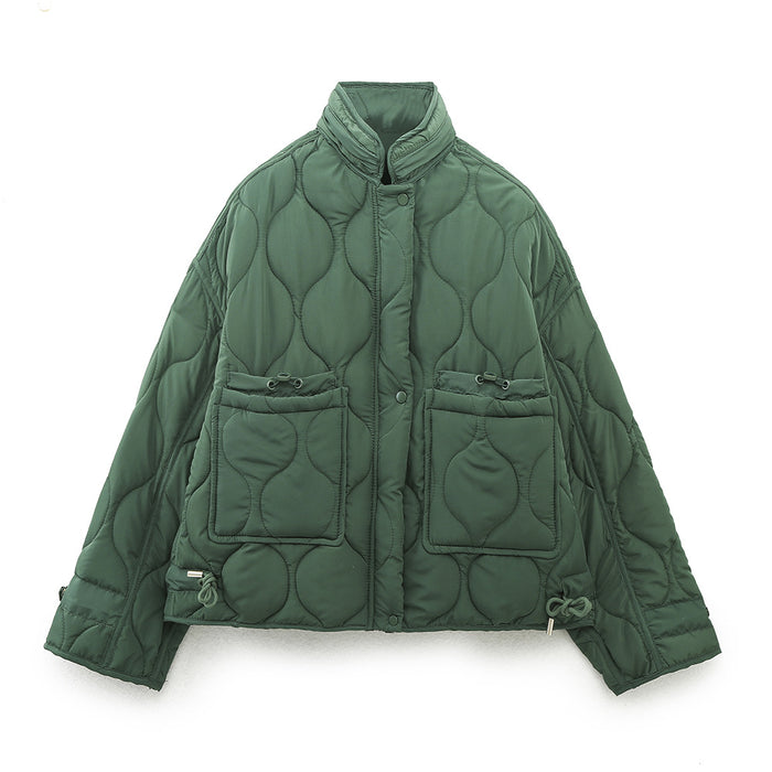 Color-Green-Autumn Quilted Hooded Large Loose Pockets Cotton Coat Jacket-Fancey Boutique