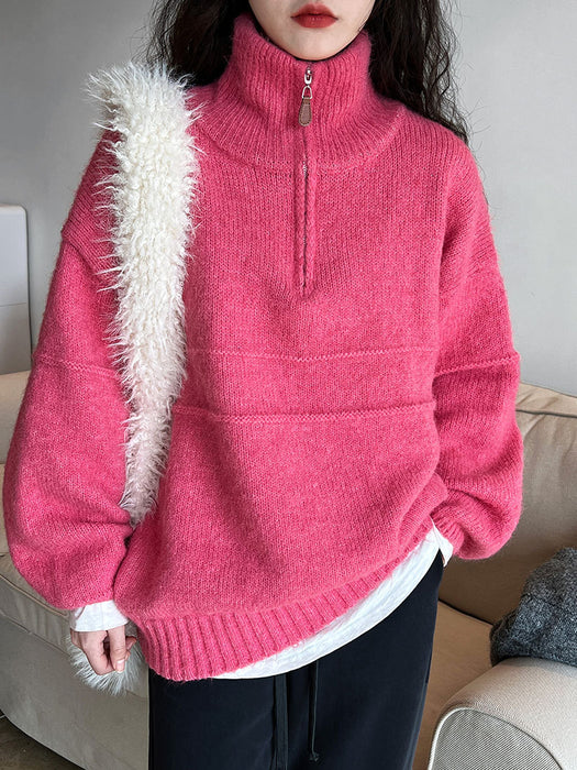 Color-Sunset glow-Half Turtleneck Zipper Sweater for Women Thickened Autumn Winter Lazy Loose Pink Sweater-Fancey Boutique