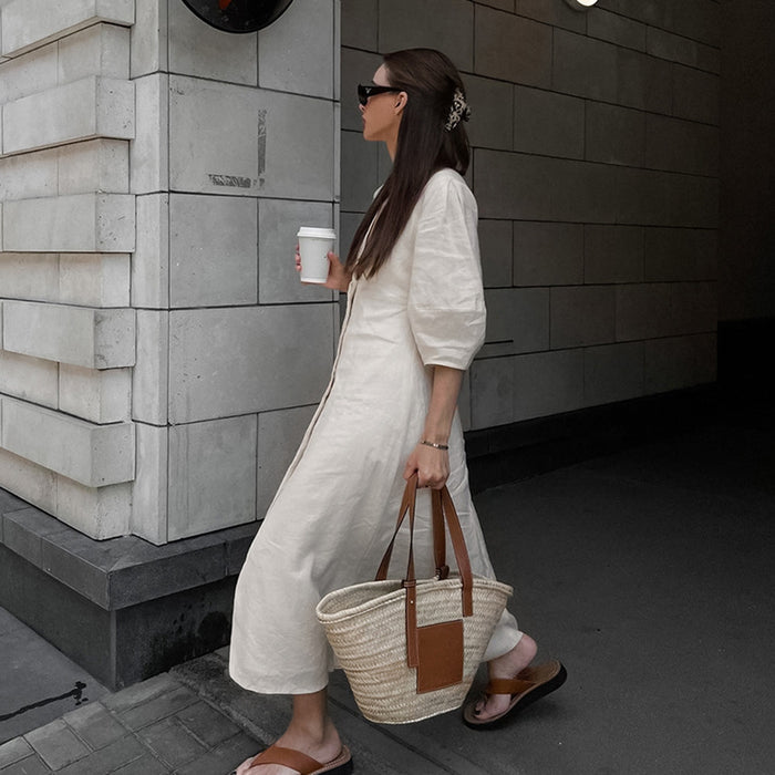 Color-French Young Beige Cotton Linen Puff Sleeve Dress Women Summer Backless Loose V neck Shirt Long Dress-Fancey Boutique