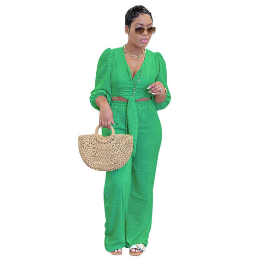 Summer Solid Color Cardigan Tied Long Sleeves Women Clothing Casual Trousers Suit-Green-Fancey Boutique