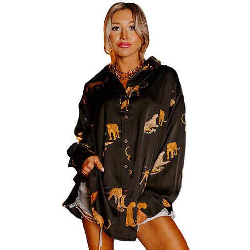 Color-black-Autumn Solid Color Satin Long Sleeve Cardigan Women Thin Personalized Animal Print Shirt Women Clothing-Fancey Boutique