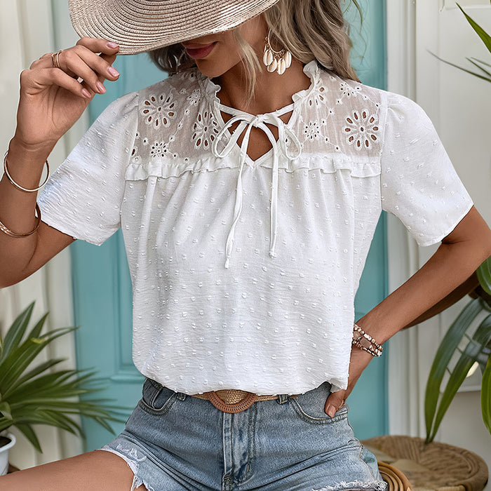 Summer Women White V Neck Jacquard Shirt Women-Fancey Boutique