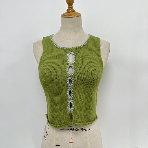 Color-Green-Spring Summer Women Clothing Hand Crocheting Hollow Out Cutout out Knitted Vest Top Sleeveless T shirt-Fancey Boutique