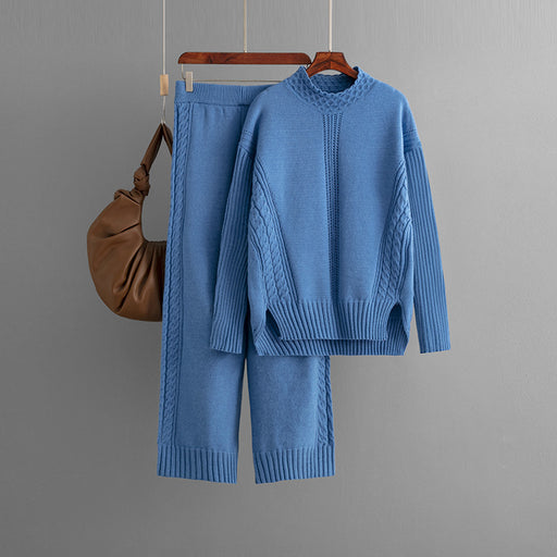 Color-Blue-Suit Women Autumn Winter Casual Solid Color Loose Knitted Mock Neck Sweater Two Piece Set-Fancey Boutique
