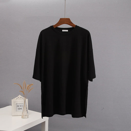 Summer Loose Split Cotton Short Sleeved T Shirt Women Comfortable Round Neck Solid Color-Black-Fancey Boutique
