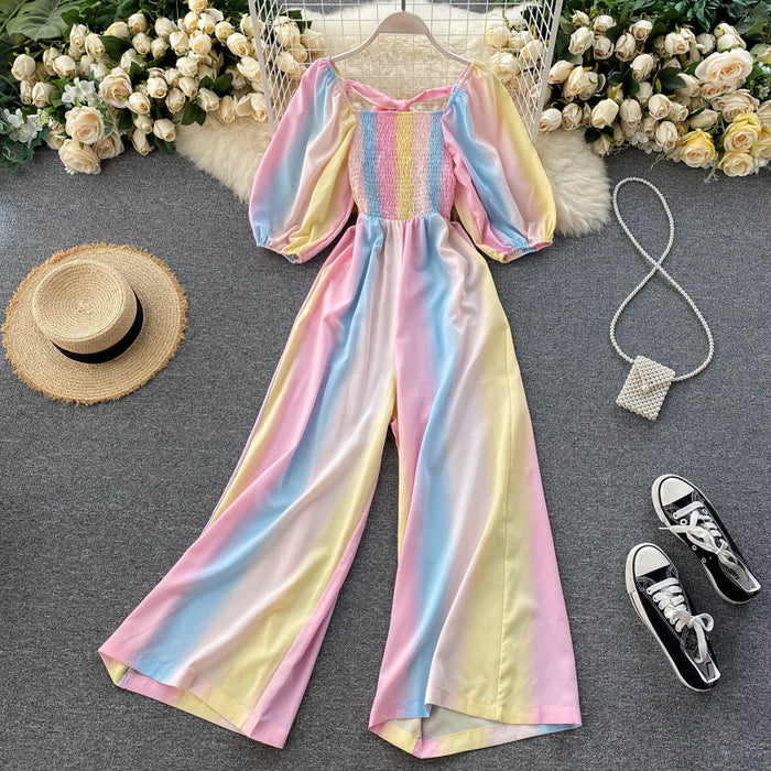 Vacation Jumpsuit Early Autumn Women Clothing Design Gradient Rainbow Sweet Puff Sleeve Waist Wide Leg Pants-Yellow-Fancey Boutique