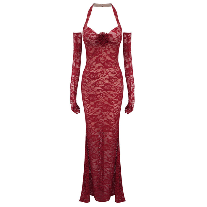 Summer Halterneck with Suspenders Slim Fit Lace Mesh Dress Maxi Dress Evening Dress-Burgundy-Fancey Boutique