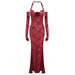 Summer Halterneck with Suspenders Slim Fit Lace Mesh Dress Maxi Dress Evening Dress-Burgundy-Fancey Boutique