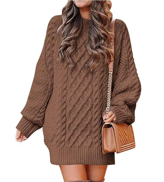 Color-Dark Brown-Round Neck Long Sleeve Twisted Knitted Thick Needle Pullover Mid Length Sweater Women Dress-Fancey Boutique