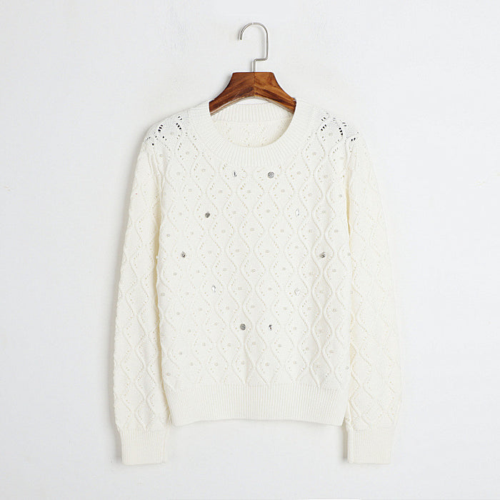 Color-White-Diamond Beaded Round Neck Sweater Autumn Winter Oversized Loose Coat Women Knitted Cardigan-Fancey Boutique