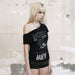 Dark Letter Graphic Printed Shoulder Loose Cool Short Sleeve Millennium Sexy Niche Street Sexy Backless T shirt-Fancey Boutique