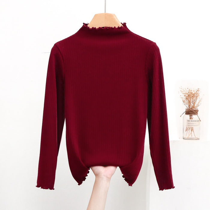 Color-Burgundy-Women Half Turtleneck Slimming Stretch Sweater Spring Autumn Western Slim Fit Long Sleeve Bottoming Sweater Wooden Ear-Fancey Boutique