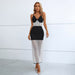 Color-Black and white-Heavy Industry Beads Sequ Long Formal Dress Cocktail V Collar Contrast Color See through Bandage One Piece Dress-Fancey Boutique