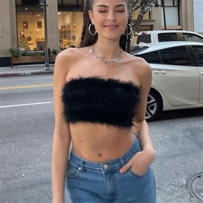 Color-Black-Spring Sexy Fried Street Women Clothing Sexy Off The Shoulder Sling Sweet Furry Ultra Short Vest-Fancey Boutique