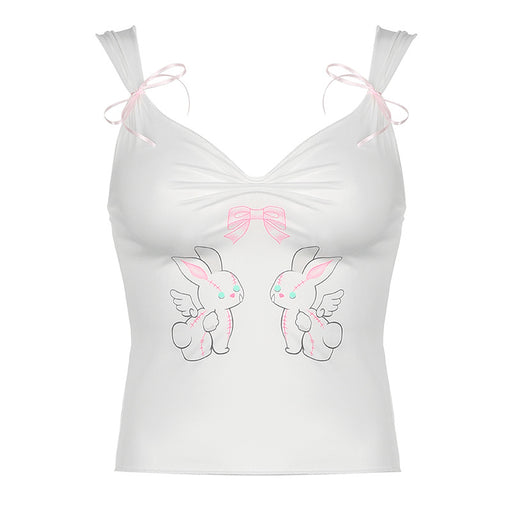 Color-White-Ballet Rabbit Bow Sweet Vest Girl Age Reducing Pleated V neck Sling Slim Fit Sexy Top-Fancey Boutique