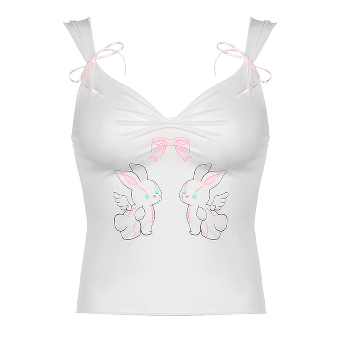 Color-White-Ballet Rabbit Bow Sweet Vest Girl Age Reducing Pleated V neck Sling Slim Fit Sexy Top-Fancey Boutique