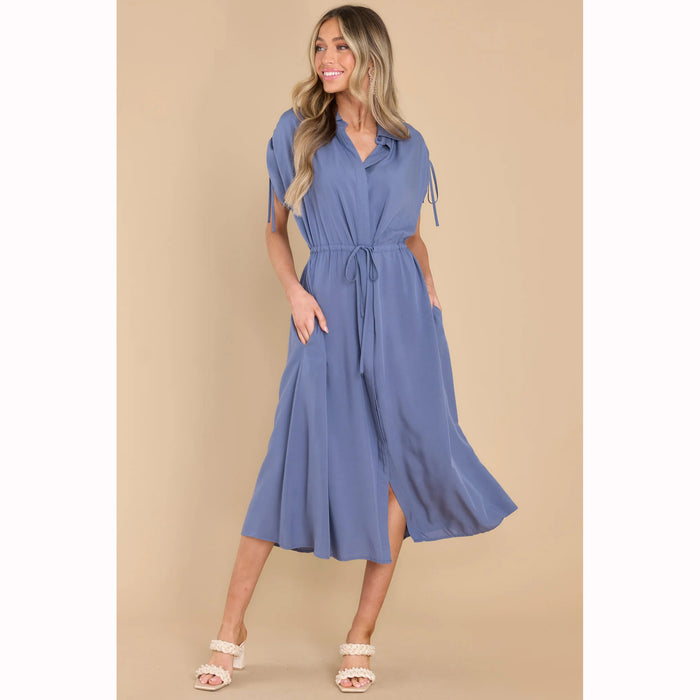 Color-Blue-Trendy Summer Fitted Waist Turn down Collar Single Breasted Drawstring Dress-Fancey Boutique