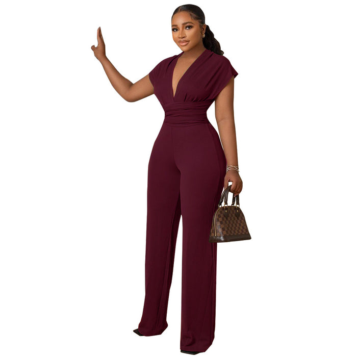 Color-Red-Low Cut Solid Color Waist Tight Women Jumpsuit-Fancey Boutique