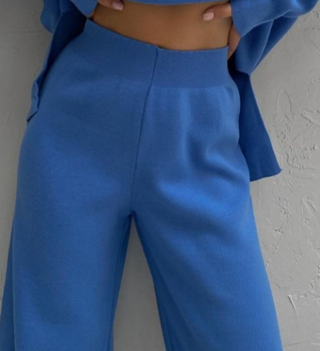 Color-Blue Trousers-Autumn Winter Long Sleeve Loose Casual Sweater Knitted Top Trousers Set-Fancey Boutique