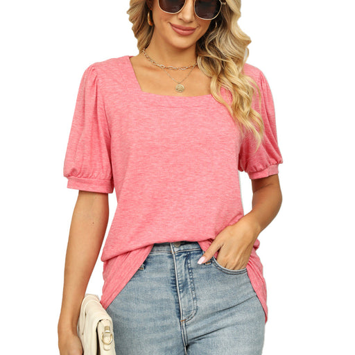 Spring Summer T shirt Solid Color Square Collar Pleated Short Sleeve Puff Sleeve Women-Pink-Fancey Boutique