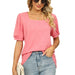 Spring Summer T shirt Solid Color Square Collar Pleated Short Sleeve Puff Sleeve Women-Pink-Fancey Boutique