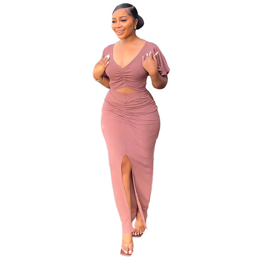 Color-Pink-Ruffle Sleeve Cropped V neck Top Split Sheath Dress Summer Two Piece Set-Fancey Boutique