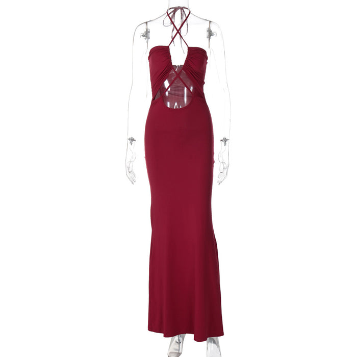 Women Clothing Summer Sexy Chest Hollow Out Cutout out Tied Dress-Burgundy-Fancey Boutique