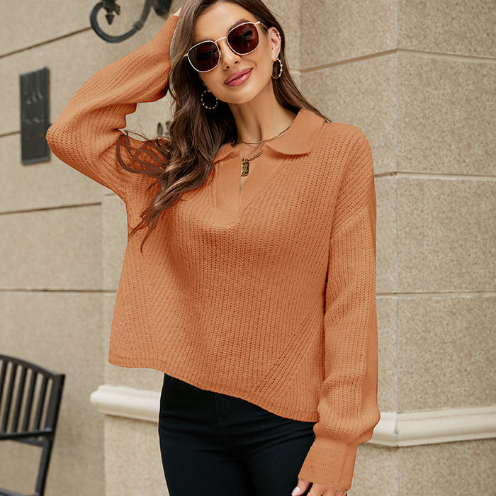 Color-Orange-Collared Autumn Winter Sweater Women Casual Loose Lazy Pullover Base Knitwear Niche Top-Fancey Boutique