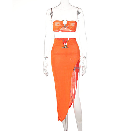 Color-Orange-Summer Women Clothing Suit Sexy cropped Stitching Tube Top Young Slit Sheath Skirt Two Piece-Fancey Boutique