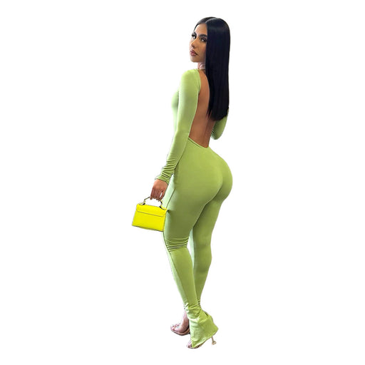 Color-Mustard Green-Women Clothing Sexy Finger Stall Clothes Solid Color Backless Slit Small Horn Jumpsuit-Fancey Boutique