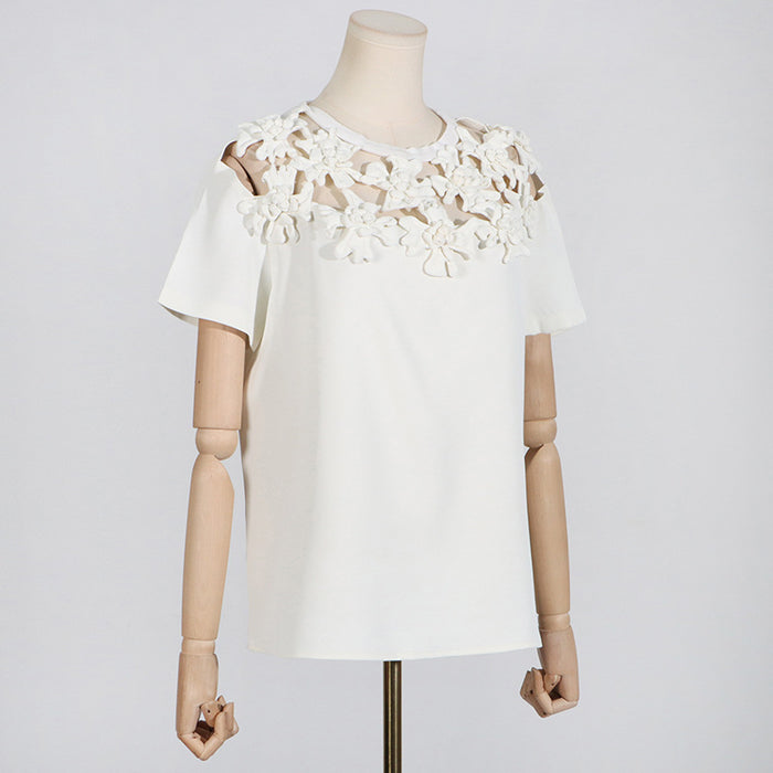 Summer Round Neck Embroidery Floral Stitching All Matching Hollow Out Cutout Short Sleeve T Shirt Top Women-Fancey Boutique