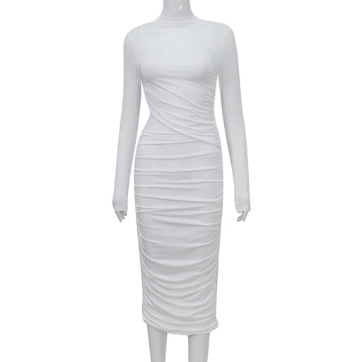 Color-White-Women Clothing Autumn Crew Neck Long Sleeve Sexy Cutout Pleated Tight Elegant Sheath Dress Women-Fancey Boutique