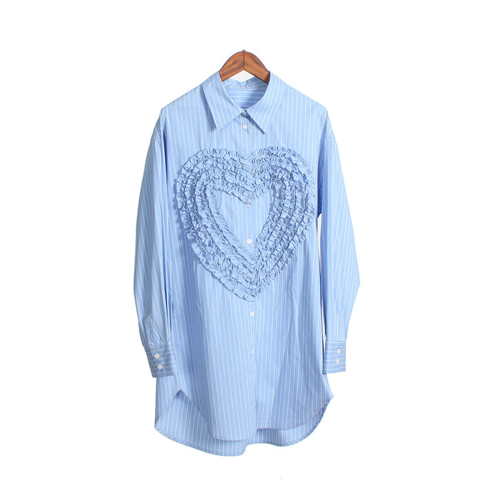 Color-skyblue-Niche Design Sky Blue Striped Long Love Heart Loose All Match Lazy Oversize Women Shirt-Fancey Boutique