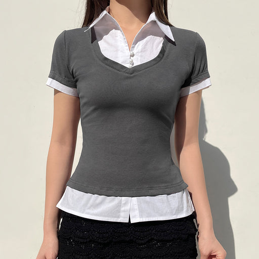 Chengtong Diligent Basic Color Stitching Turnover Neck Faux Two Piece T shirts Sexy Workplace Casual Knitted Top-Fancey Boutique