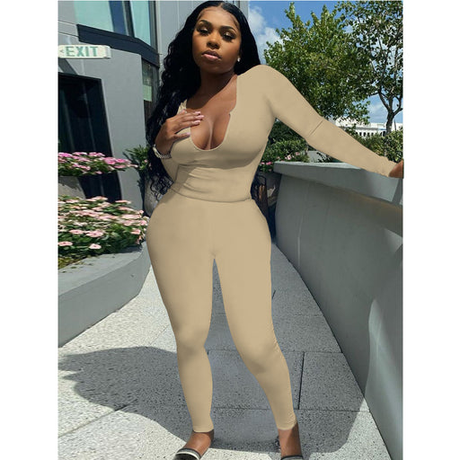 Color-Khaki-Women Clothing Sexy Deep V Plunge Plunge Long Sleeve Trousers Suit Solid Color Sanding Stretch Two-Piece Set for Women-Fancey Boutique