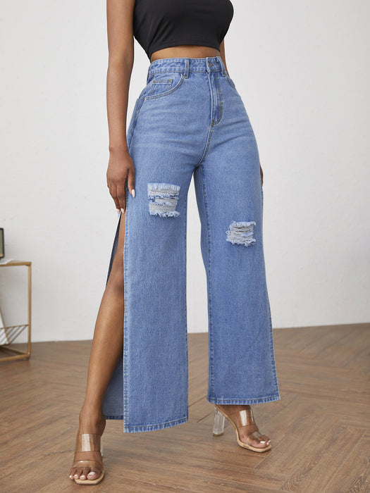 Women Traceable Jeans Ripped Split Women Jeans-The Blue-Fancey Boutique