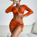Color-Orange-Swimsuit Women Split Four Piece Long Sleeve Internet Celebrity Printed Lace up Bikini Swimsuit-Fancey Boutique