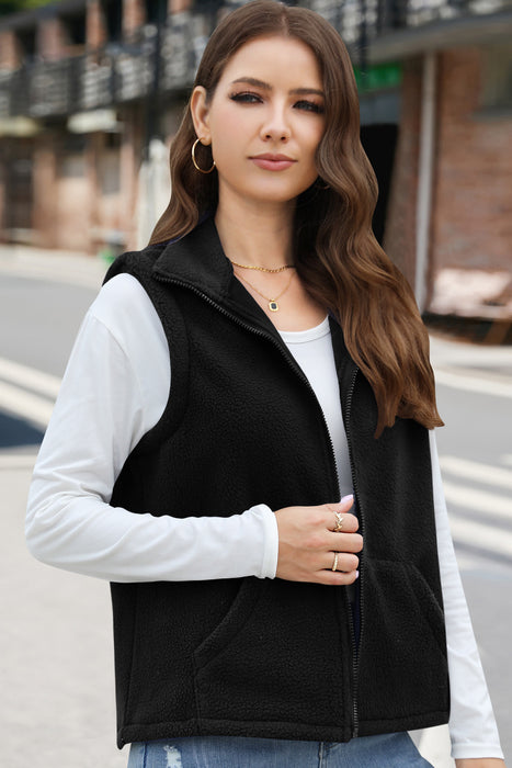 Women's Polar Fleece Zipper Collared Waistcoat-Black-Fancey Boutique