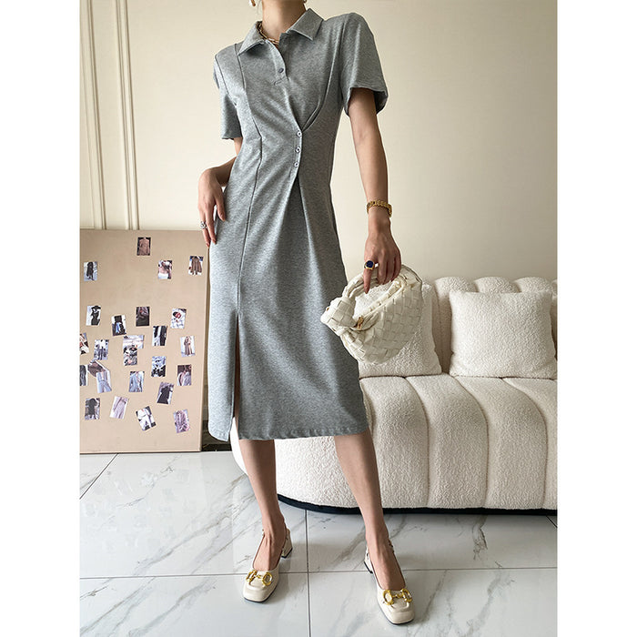 Color-Gray-Waist-Tight Side Buckle Design Polo Collar Dress Summer Women-Fancey Boutique