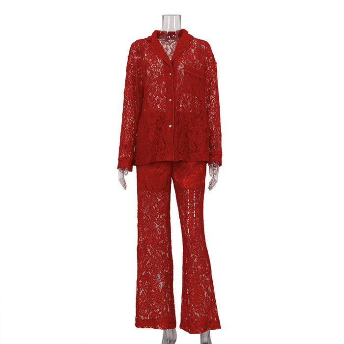 Lace See Through Two Piece Set Women Sexy Sexy Polo Collar Shirt Trousers Suit-Red-Fancey Boutique