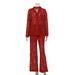 Lace See Through Two Piece Set Women Sexy Sexy Polo Collar Shirt Trousers Suit-Red-Fancey Boutique