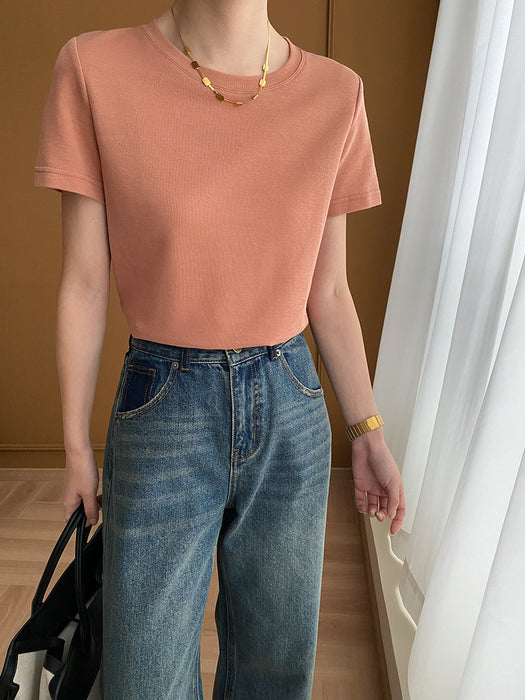 Cozy Series Simple Basic Slimming Shoulder T Shirt Short Sleeve Early Spring-Orange pink-Fancey Boutique