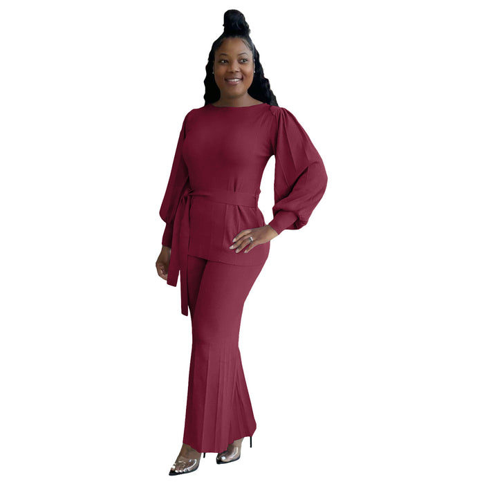 Color-Burgundy-Urban Solid Color Loose Lantern Sleeve Wide Leg Pants Casual Set-Fancey Boutique